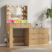 Anymaple Liora Collection Oak 57" fluted makeup vanity with mirror and lights main view with wide vanity desk, lighted mirror, 8 drawers, and open shelves