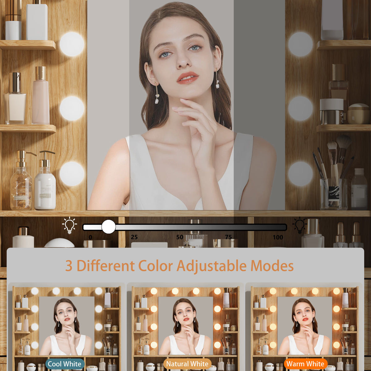 Anymaple Liora Collection Oak 57" fluted makeup vanity with mirror and lights open shelves for skincare bottles, brushes, and bedroom essentials