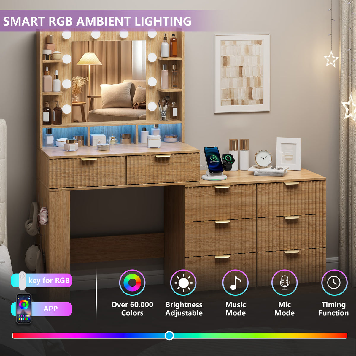 Anymaple Liora Collection Oak 57" fluted makeup vanity with mirror and lights built-in power outlet with AC and USB charging ports