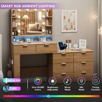 Anymaple Liora Collection Oak 57" fluted makeup vanity with mirror and lights built-in power outlet with AC and USB charging ports