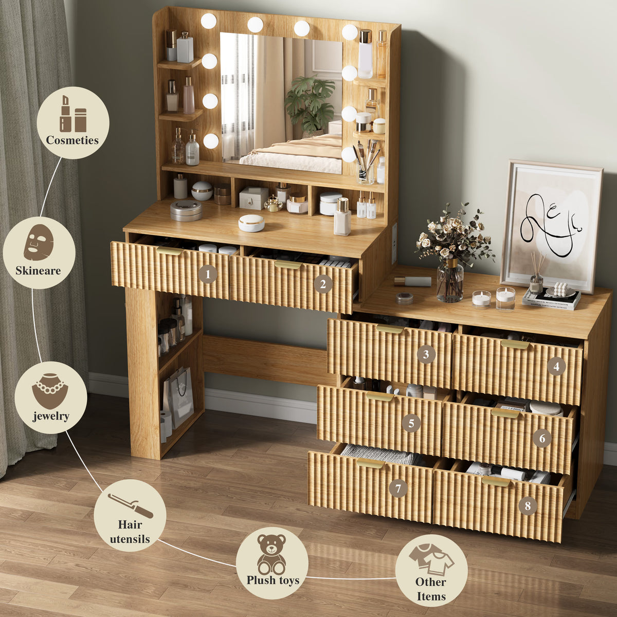 Anymaple Liora Collection Oak 57" fluted makeup vanity with mirror and lights RGB ambient lighting for bedroom mood light and content styling