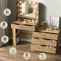Anymaple Liora Collection Oak 57" fluted makeup vanity with mirror and lights RGB ambient lighting for bedroom mood light and content styling