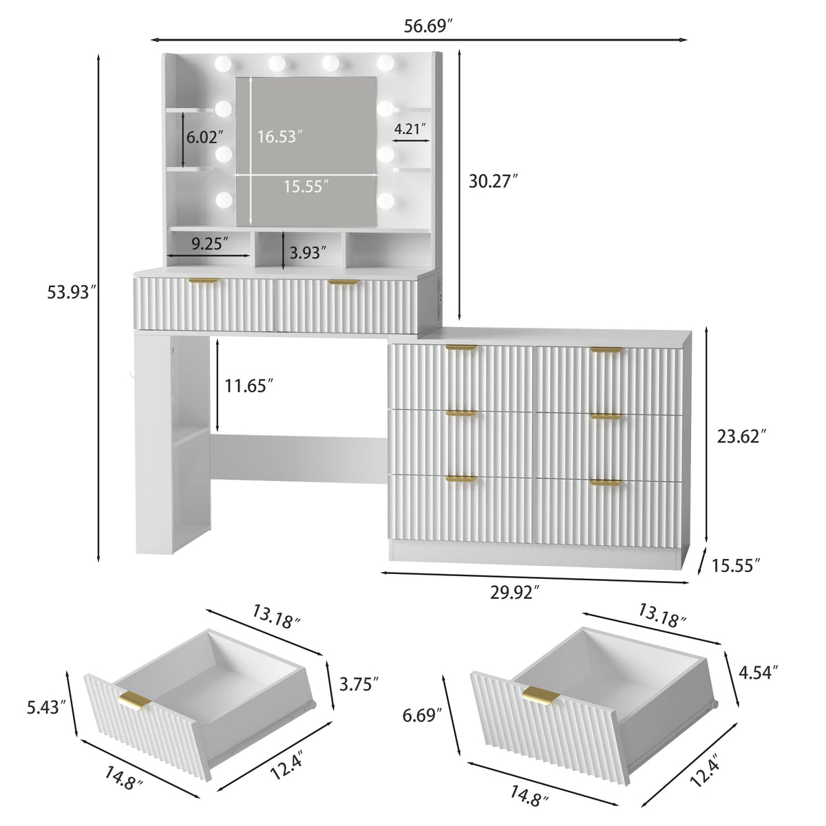Anymaple Liora Collection White 57" fluted makeup vanity with mirror and lights bedroom room view for dressing table and makeup station styling
