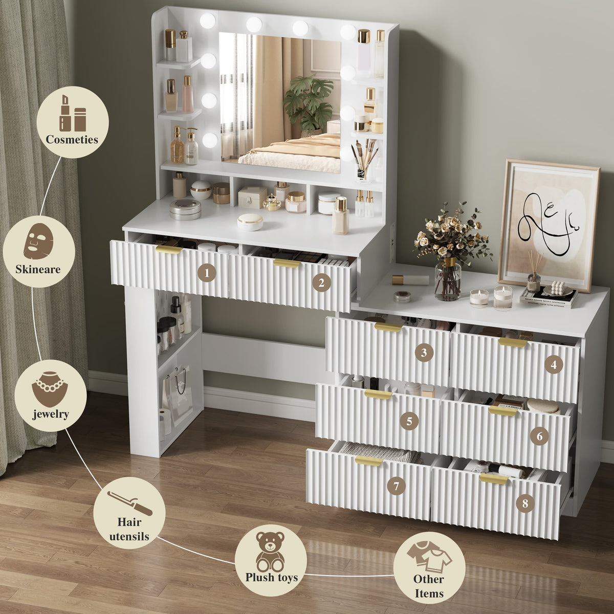 Anymaple Liora Collection White 57" fluted makeup vanity with mirror and lights 8-drawer storage for cosmetics, jewelry, and daily beauty tools