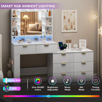 Anymaple Liora Collection White 57" fluted makeup vanity with mirror and lights fluted drawer front and modern bedroom vanity finish