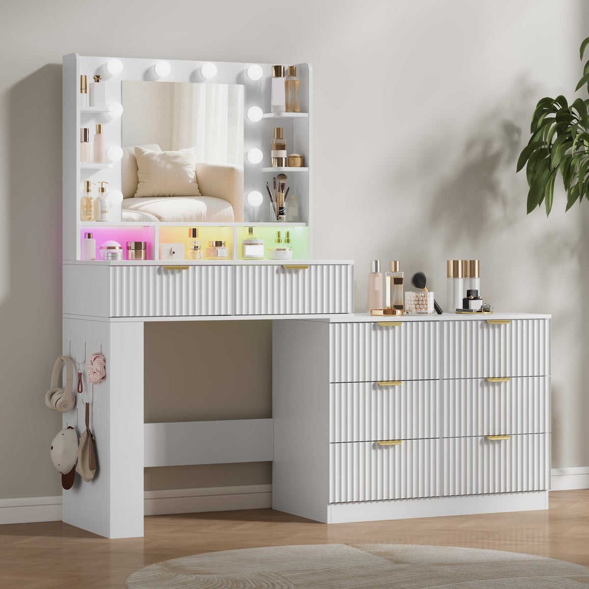 Anymaple Liora Collection White 57" fluted makeup vanity with mirror and lights HD mirror with 10 bulbs and adjustable makeup lighting