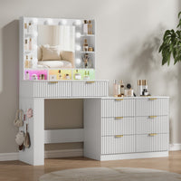 Anymaple Liora Collection White 57" fluted makeup vanity with mirror and lights HD mirror with 10 bulbs and adjustable makeup lighting