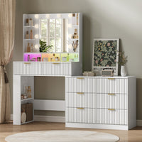 Anymaple Liora Collection White 57" fluted makeup vanity with mirror and lights main view with wide vanity desk, lighted mirror, 8 drawers, and open shelves