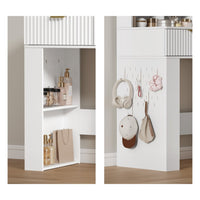 Anymaple Liora Collection White 57" fluted makeup vanity with mirror and lights open shelves for skincare bottles, brushes, and bedroom essentials