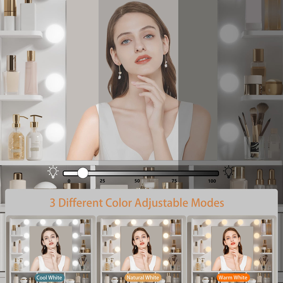Anymaple Liora Collection White 57" fluted makeup vanity with mirror and lights built-in power outlet with AC and USB charging ports