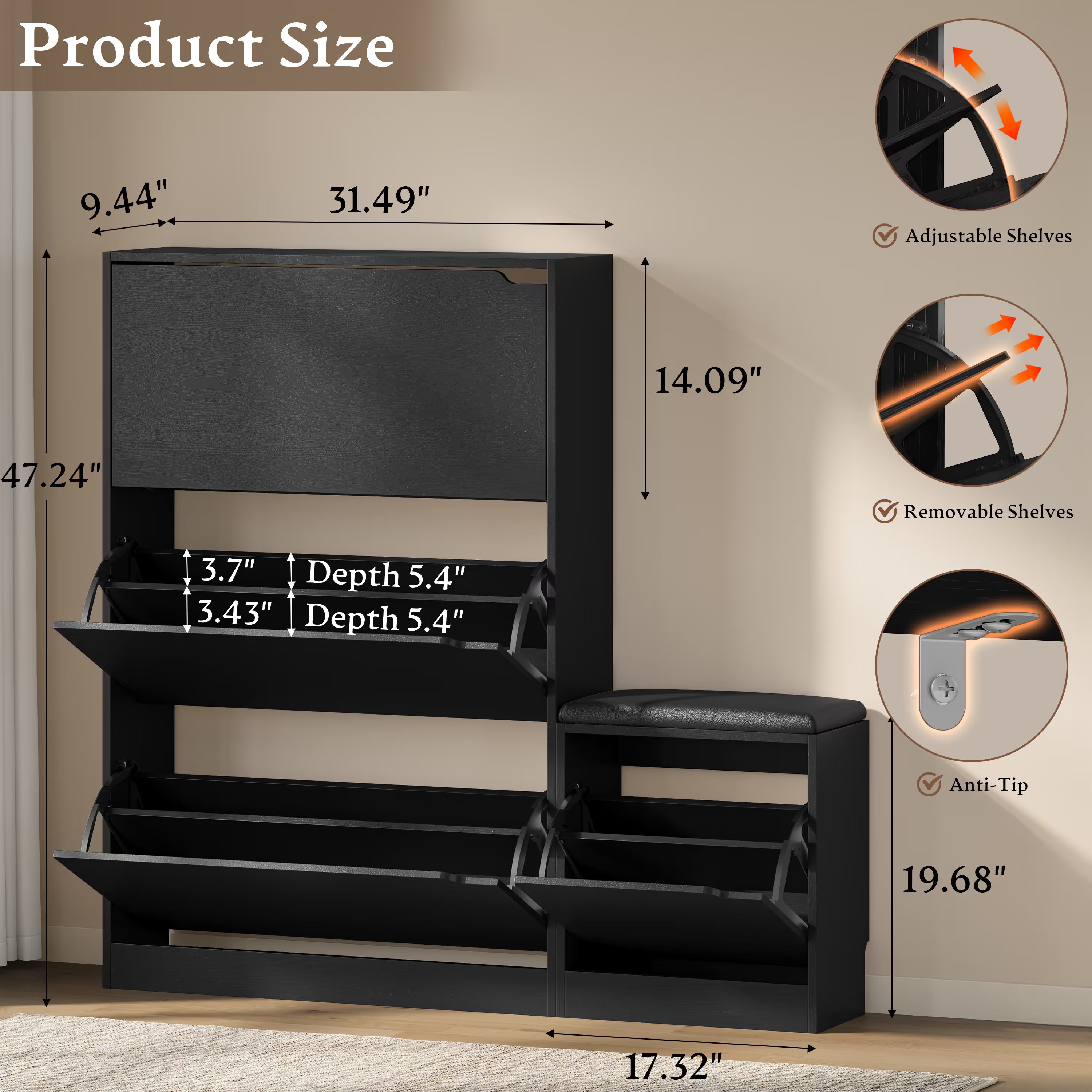 Anymaple Crestline Black 3 drawer shoe cabinet with bench, padded bench seat with shoe storage for changing shoes