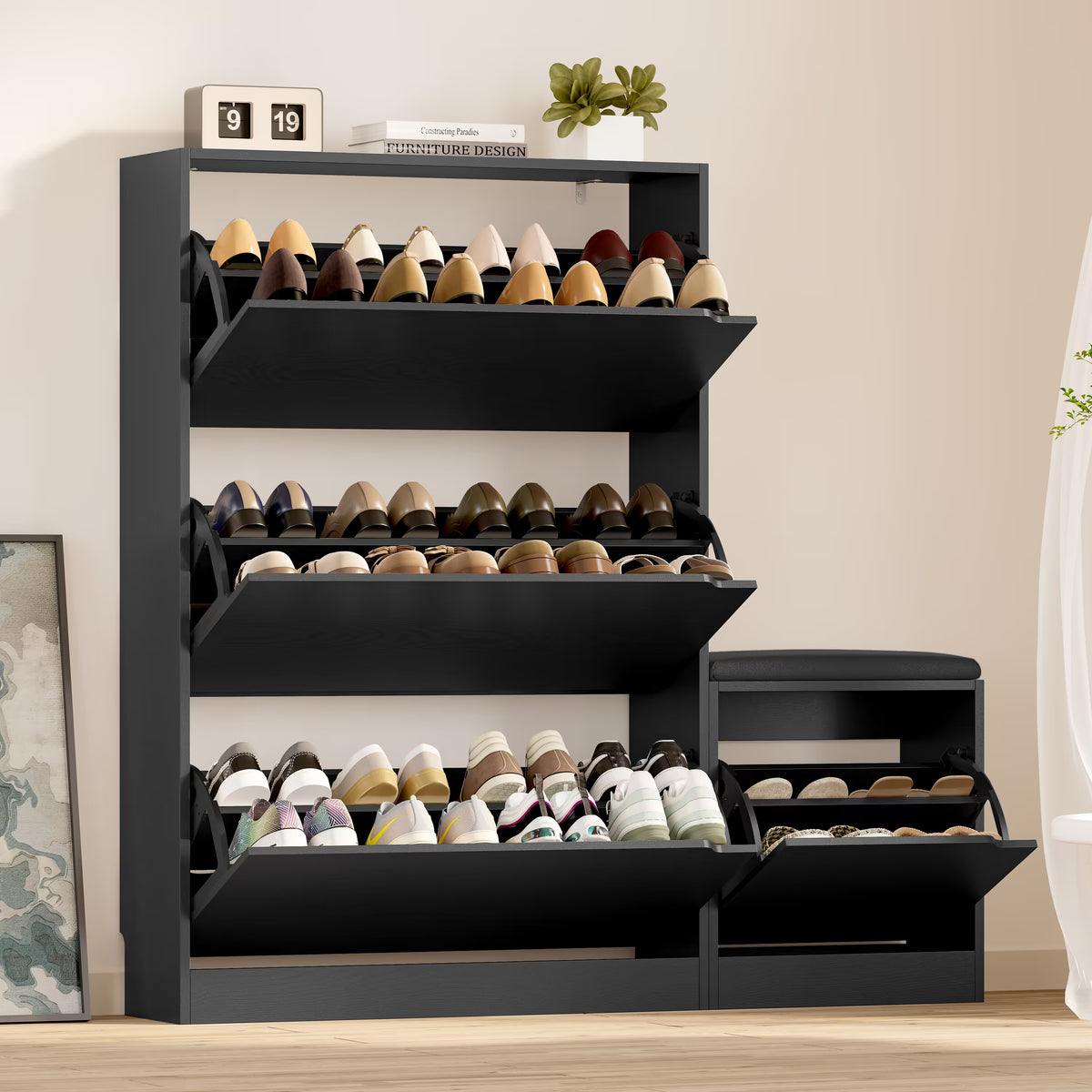 Anymaple Crestline Black 3 drawer shoe cabinet with bench, 3 drawer shoe cabinet with bench for entryway shoe storage