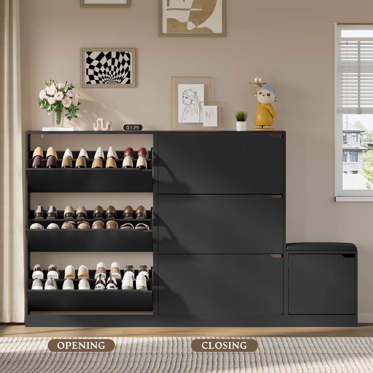Anymaple Crestline Black 3 drawer shoe cabinet with bench, space saving shoe cabinet bench for hallway or foyer