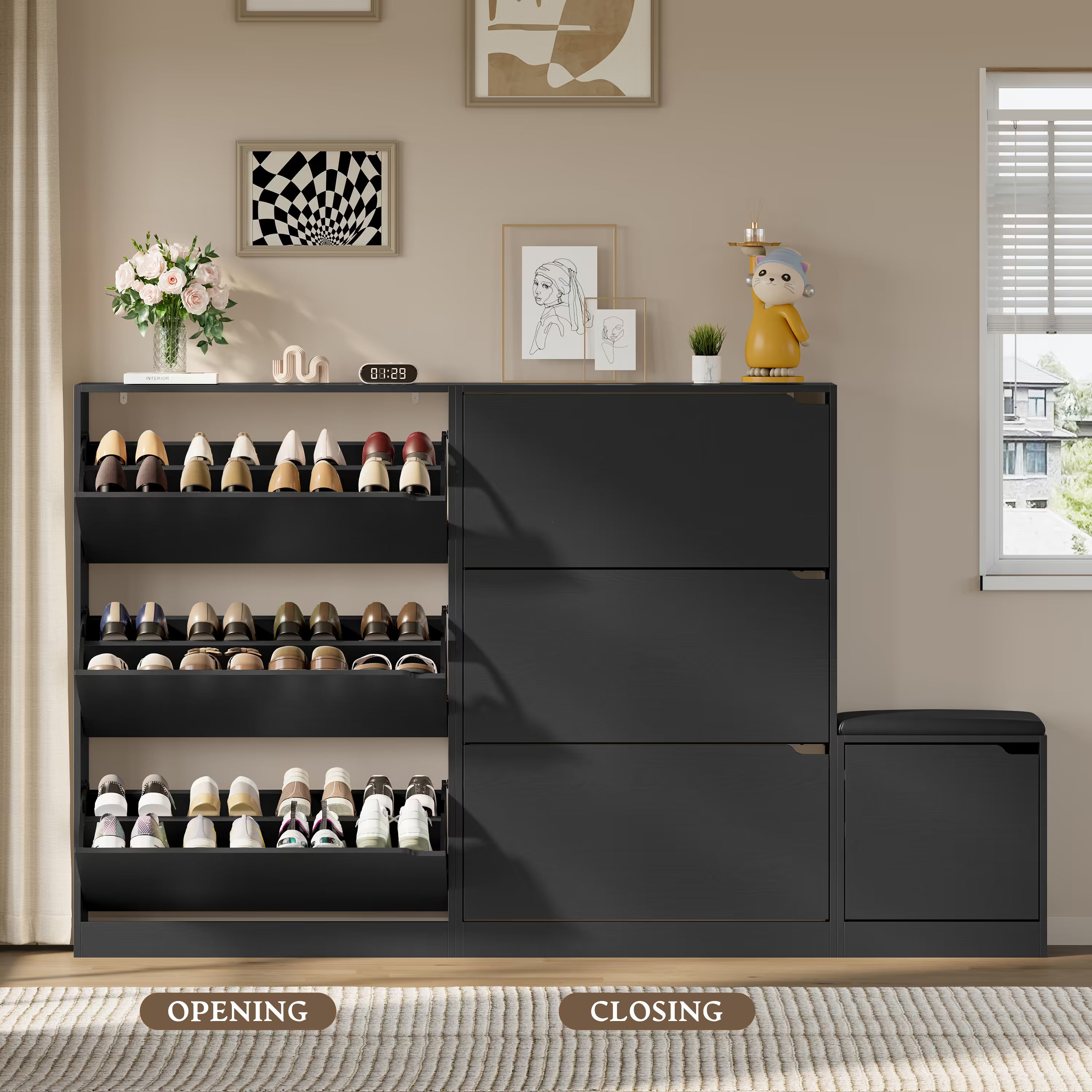 Anymaple Crestline Black 3 drawer shoe cabinet with bench, space saving shoe cabinet bench for hallway or foyer