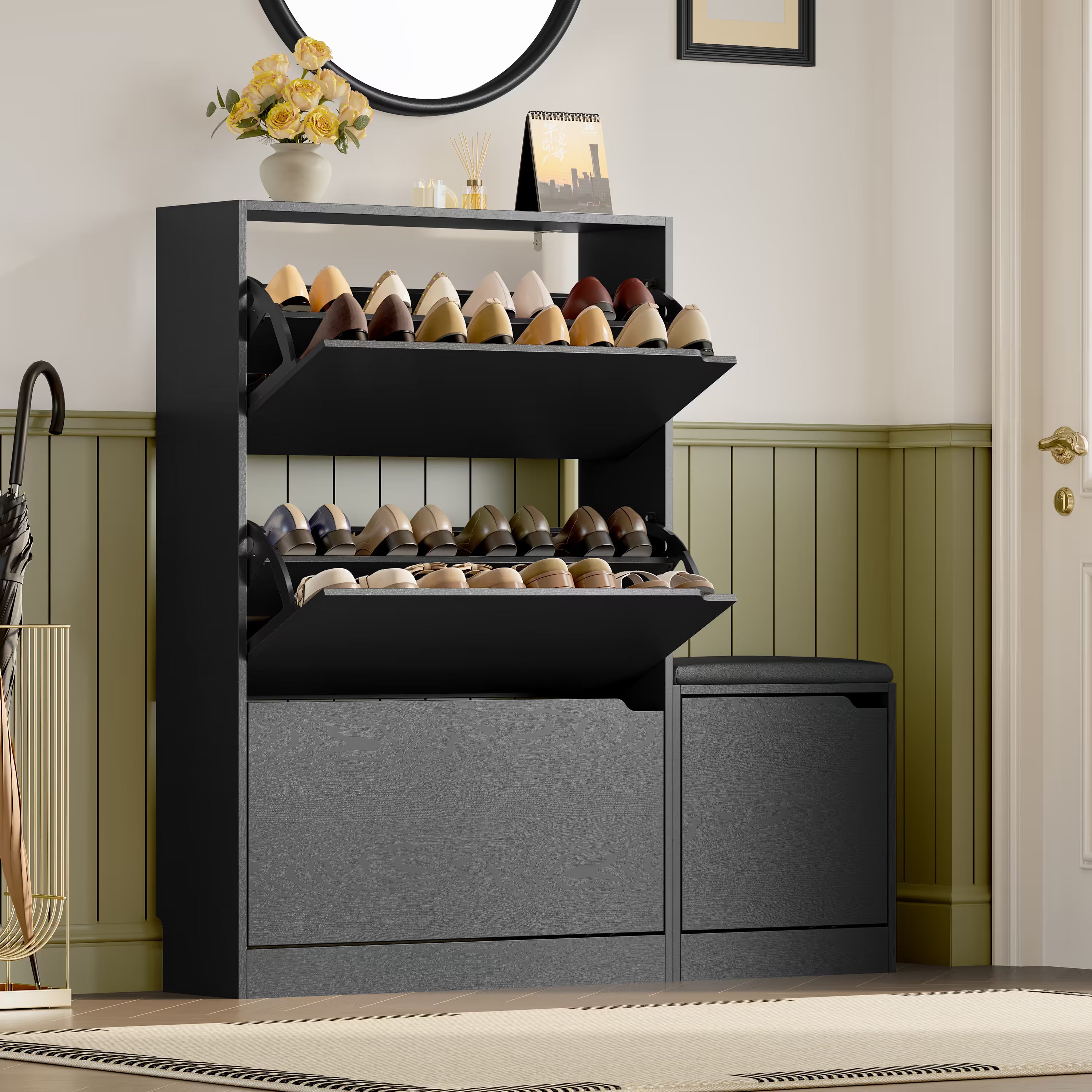 Anymaple Crestline Black 3 drawer shoe cabinet with bench, side bench cabinet detail for extra entryway storage