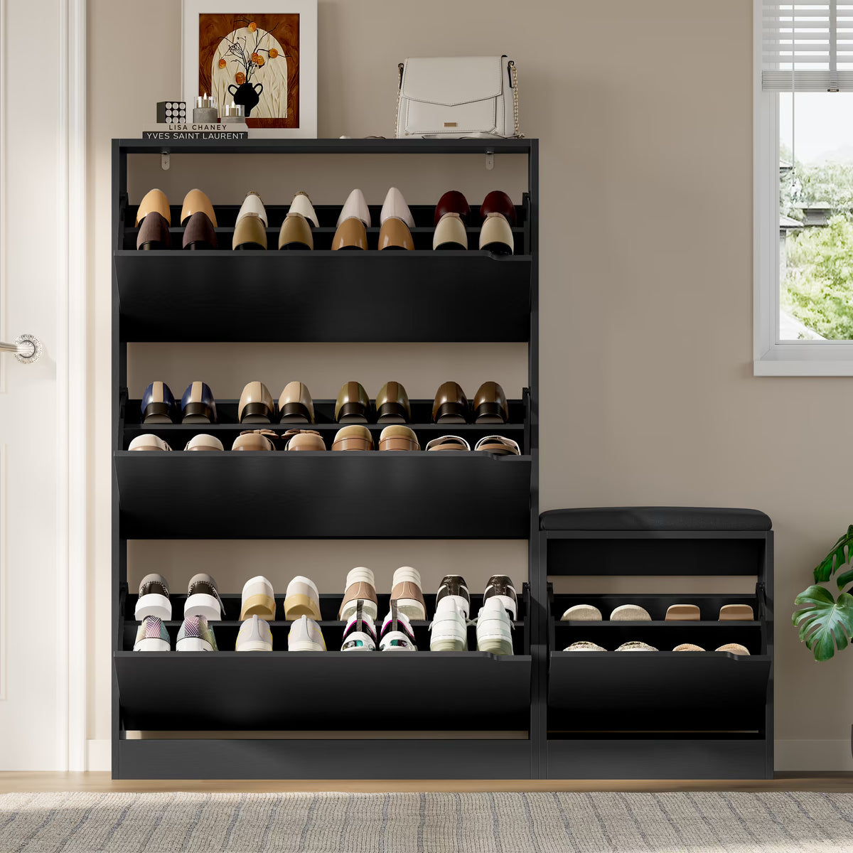 Anymaple Crestline Black 3 drawer shoe cabinet with bench, stable shoe storage bench for everyday family entryway use