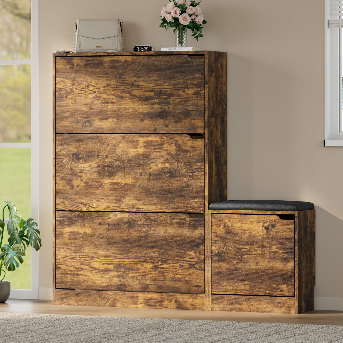 Anymaple Crestline Brown 3 drawer shoe cabinet with bench, adjustable shoe panels for flexible entryway organization