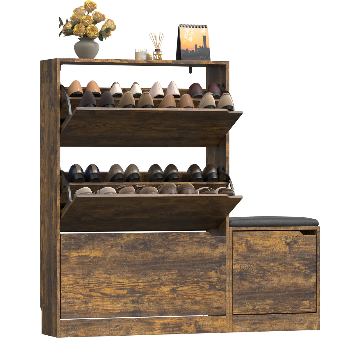 Anymaple Crestline Brown 3 drawer shoe cabinet with bench, padded bench seat with shoe storage for changing shoes