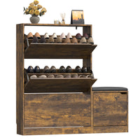 Anymaple Crestline Brown 3 drawer shoe cabinet with bench, padded bench seat with shoe storage for changing shoes