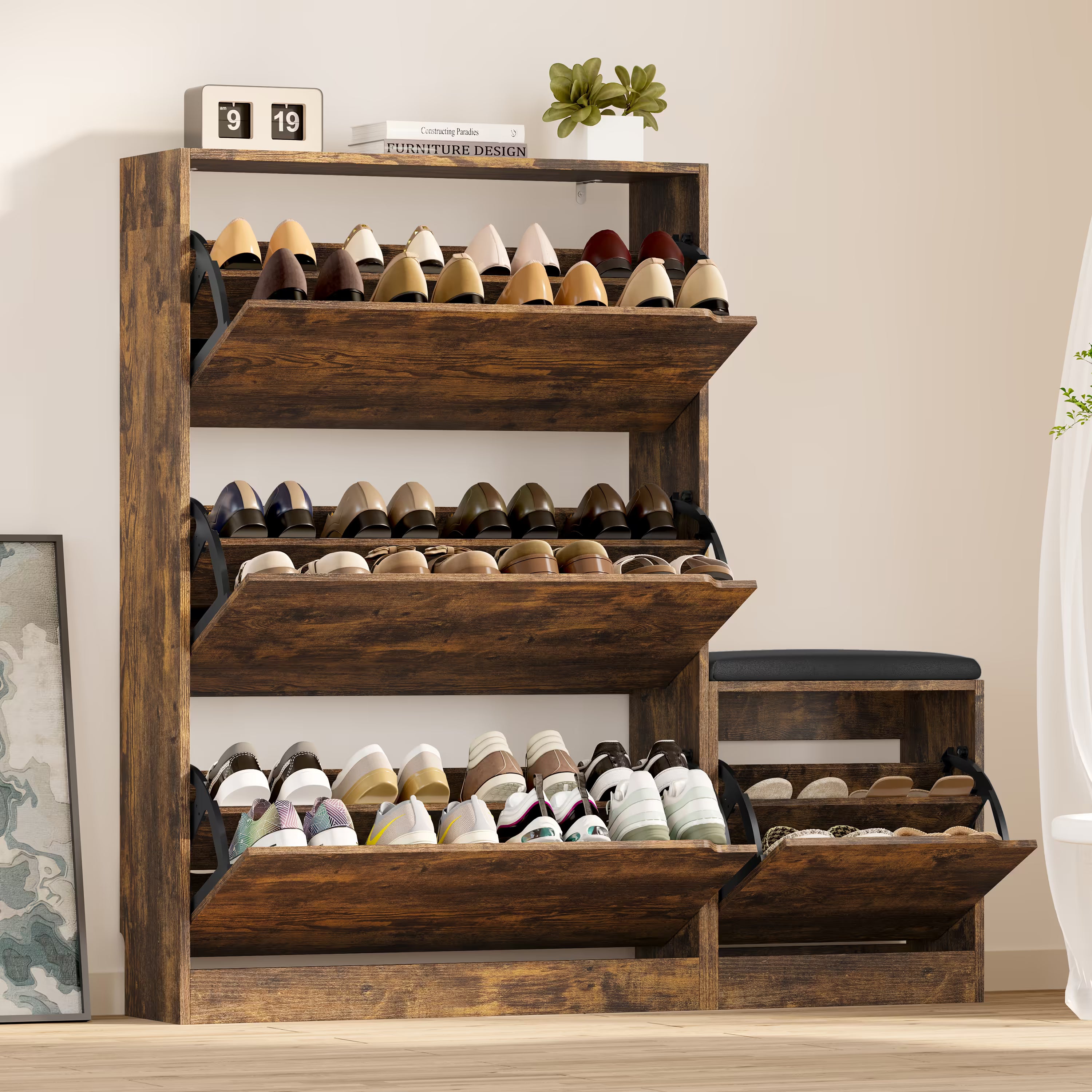 Anymaple Crestline Brown 3 drawer shoe cabinet with bench, 3 drawer shoe cabinet with bench for entryway shoe storage