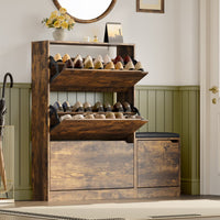 Anymaple Crestline Brown 3 drawer shoe cabinet with bench, shoe cabinet with bench styled in a modern entryway