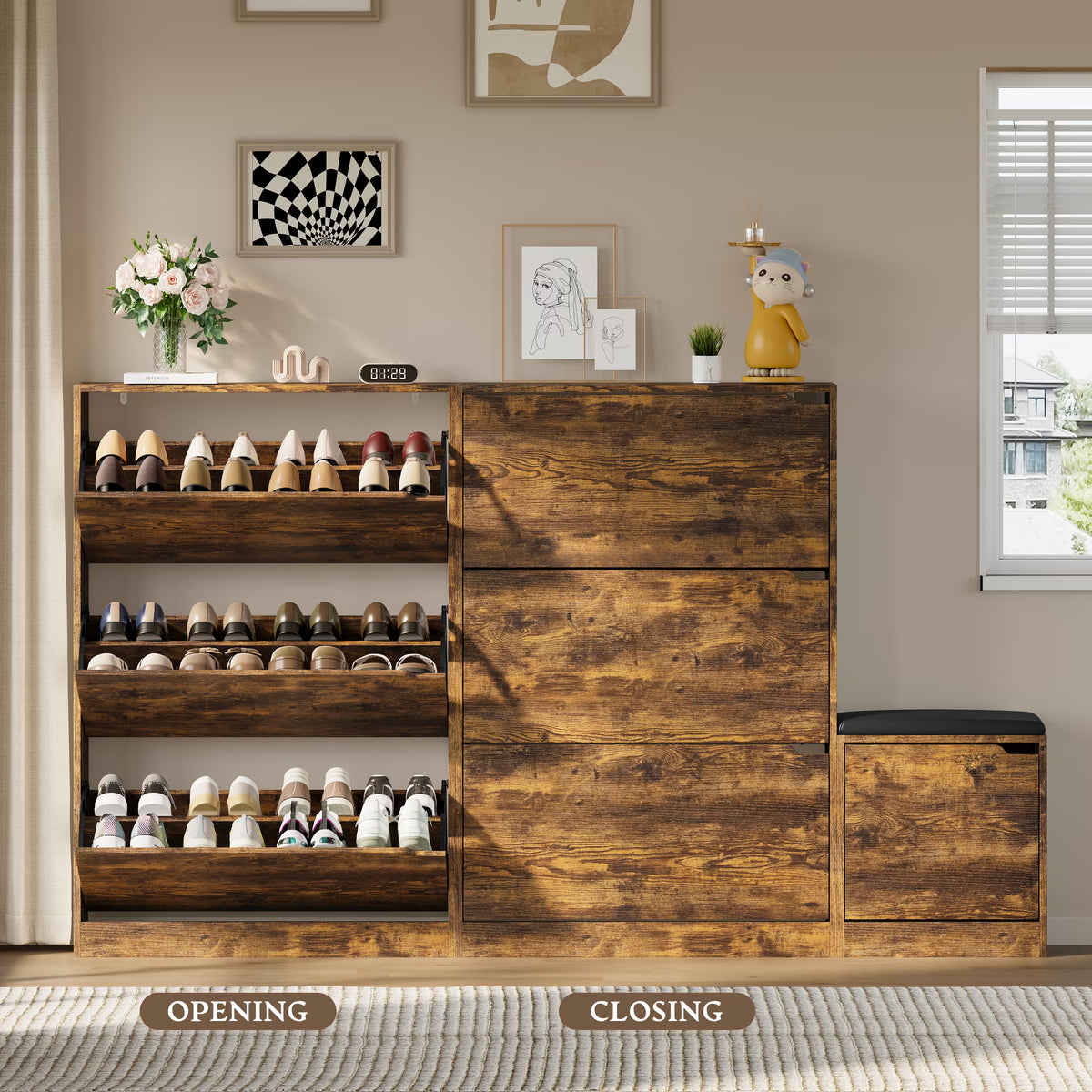 Anymaple Crestline Brown 3 drawer shoe cabinet with bench, enclosed shoe storage that keeps footwear out of sight