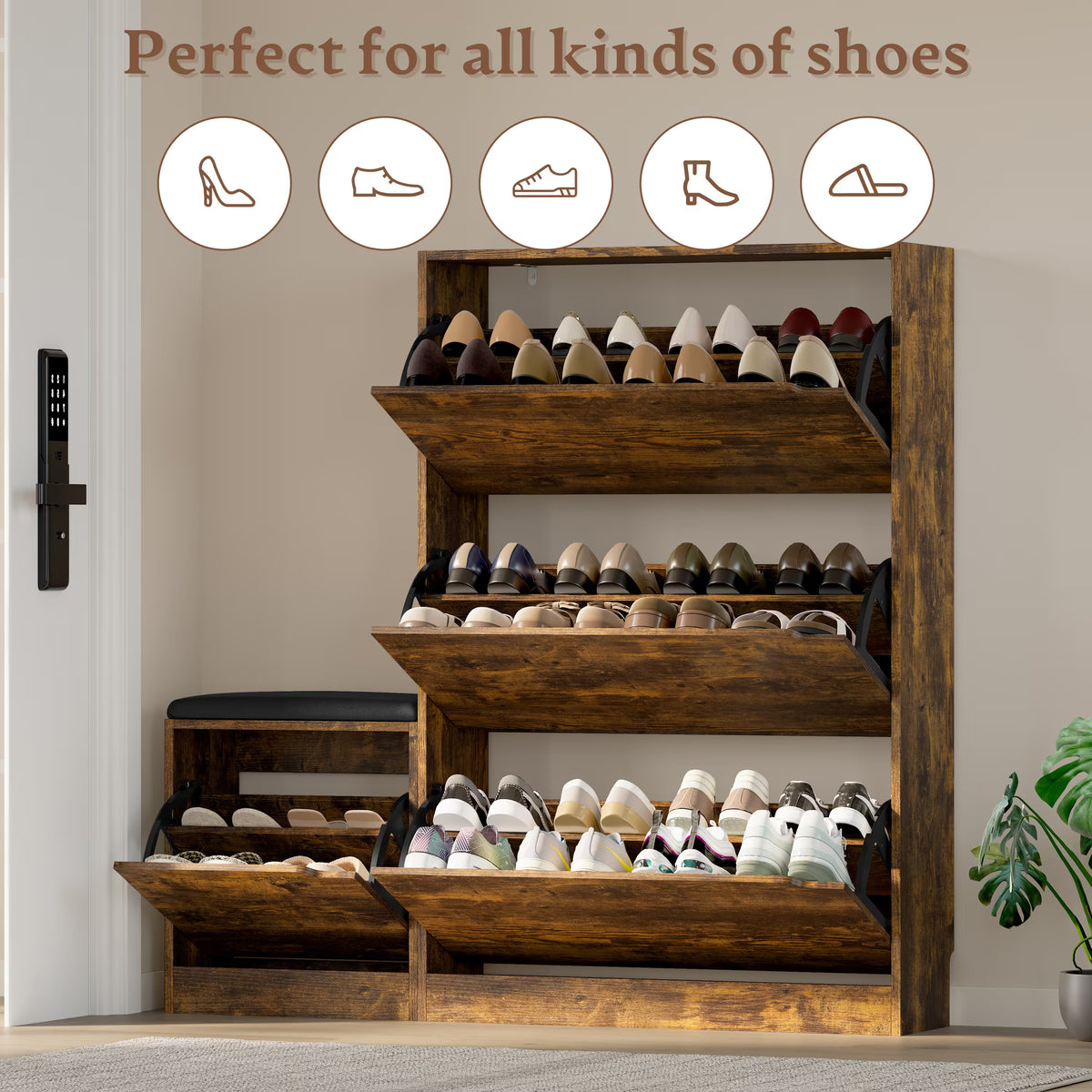 Anymaple Crestline Brown 3 drawer shoe cabinet with bench, space saving shoe cabinet bench for hallway or foyer