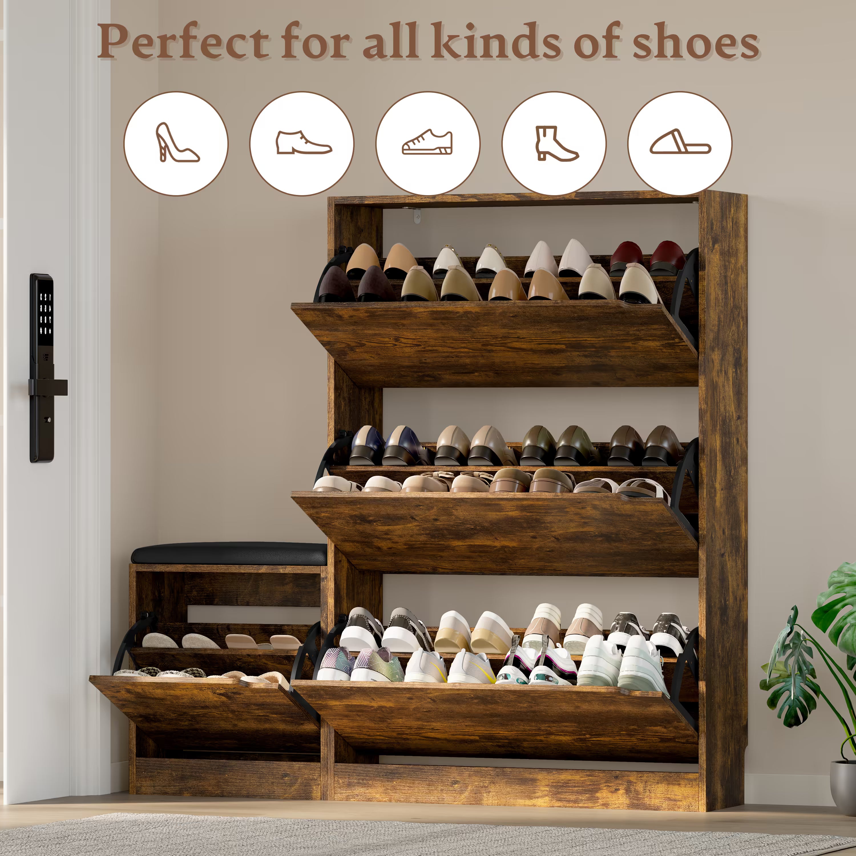 Anymaple Crestline Brown 3 drawer shoe cabinet with bench, space saving shoe cabinet bench for hallway or foyer