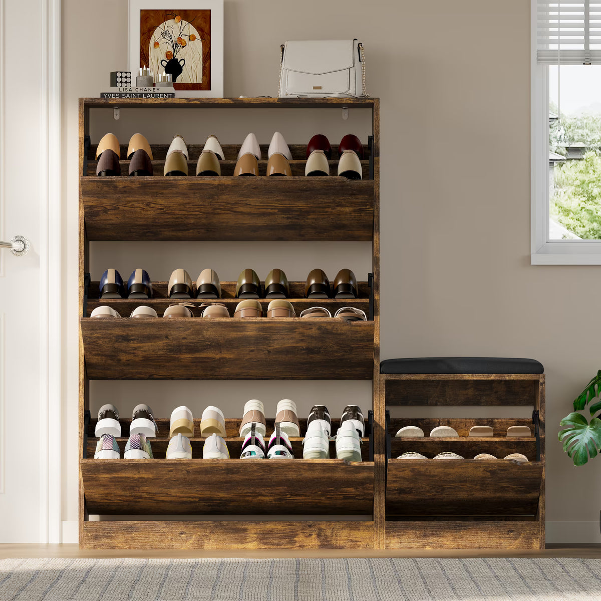 Anymaple Crestline Brown 3 drawer shoe cabinet with bench, side bench cabinet detail for extra entryway storage