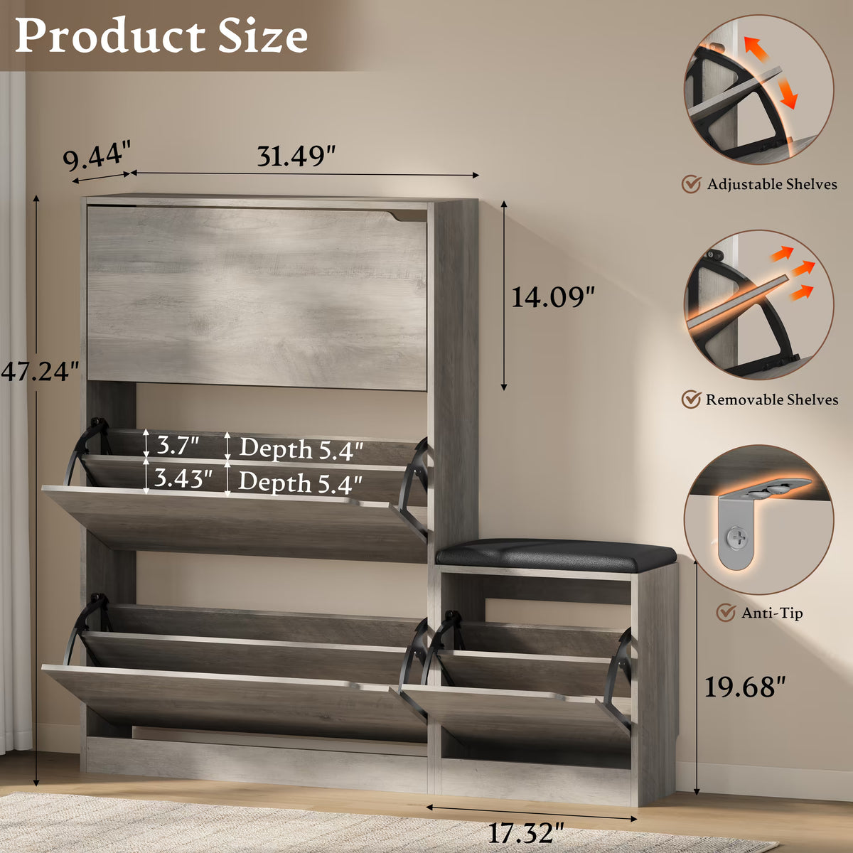 Anymaple Crestline Gray 3 drawer shoe cabinet with bench, padded bench seat with shoe storage for changing shoes