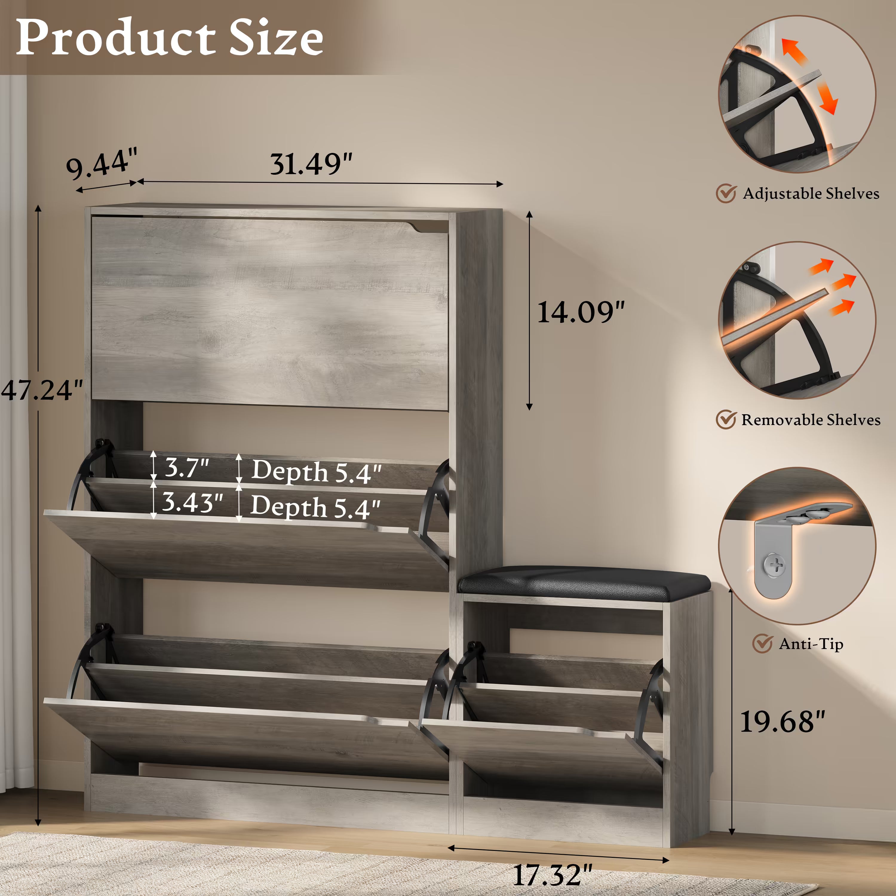 Anymaple Crestline Gray 3 drawer shoe cabinet with bench, padded bench seat with shoe storage for changing shoes