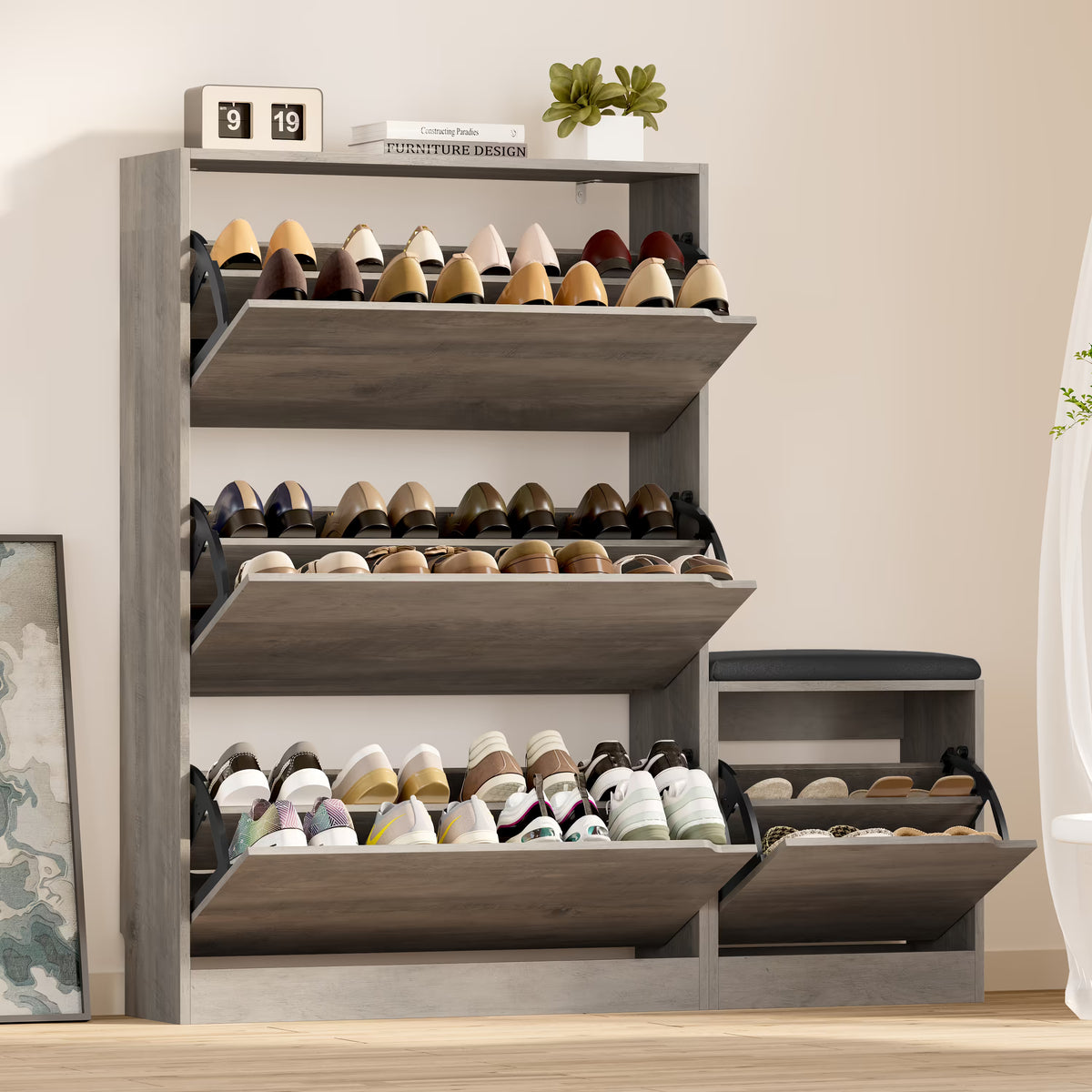 Anymaple Crestline Gray 3 drawer shoe cabinet with bench, 3 drawer shoe cabinet with bench for entryway shoe storage