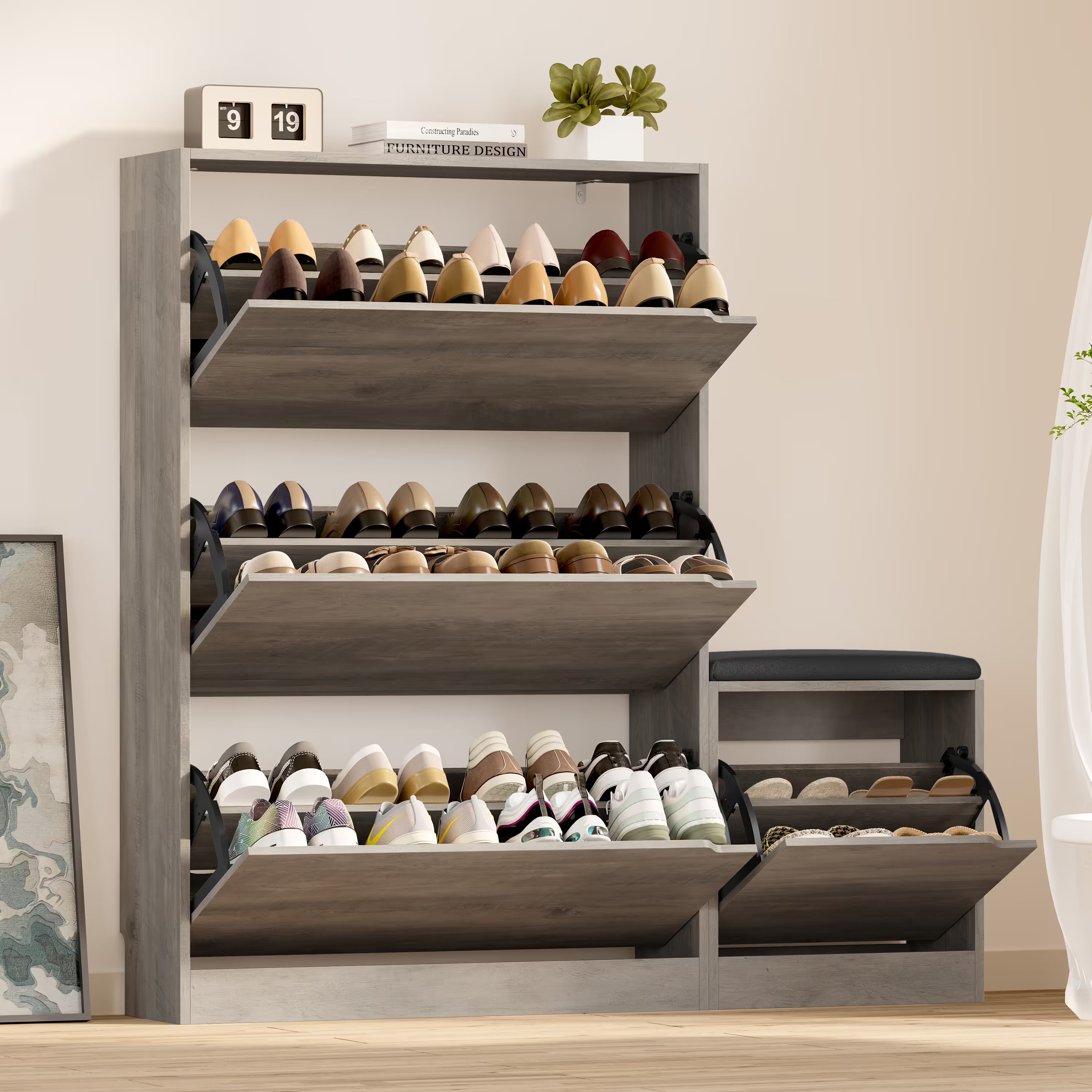 Anymaple Crestline Gray 3 drawer shoe cabinet with bench, 3 drawer shoe cabinet with bench for entryway shoe storage
