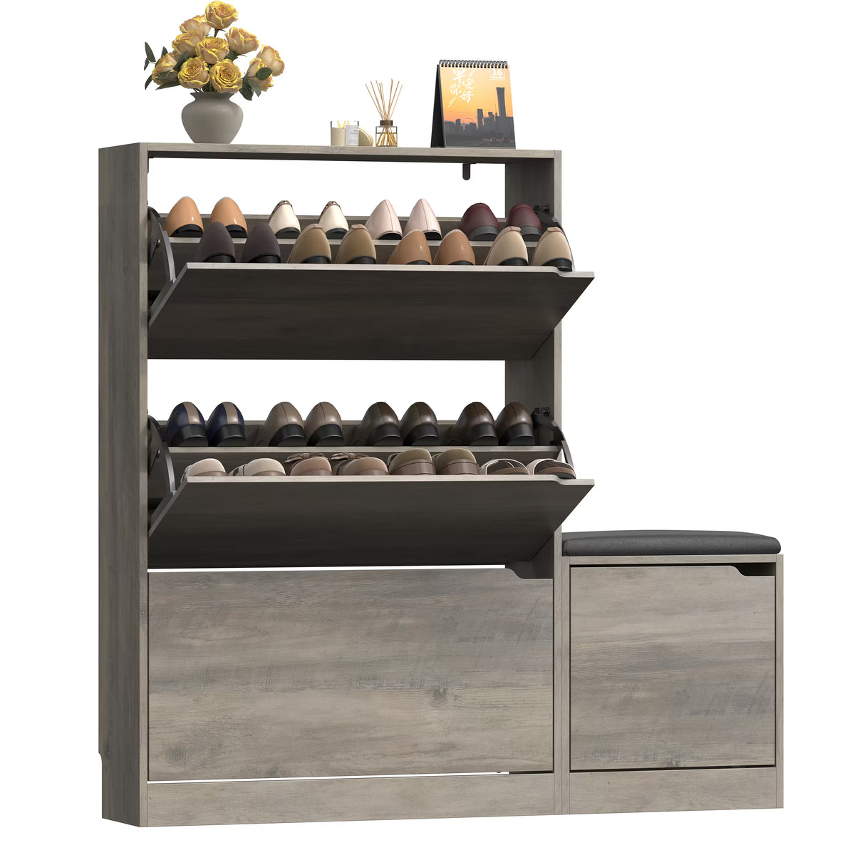 Anymaple Crestline Gray 3 drawer shoe cabinet with bench, shoe cabinet with bench styled in a modern entryway