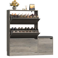 Anymaple Crestline Gray 3 drawer shoe cabinet with bench, shoe cabinet with bench styled in a modern entryway
