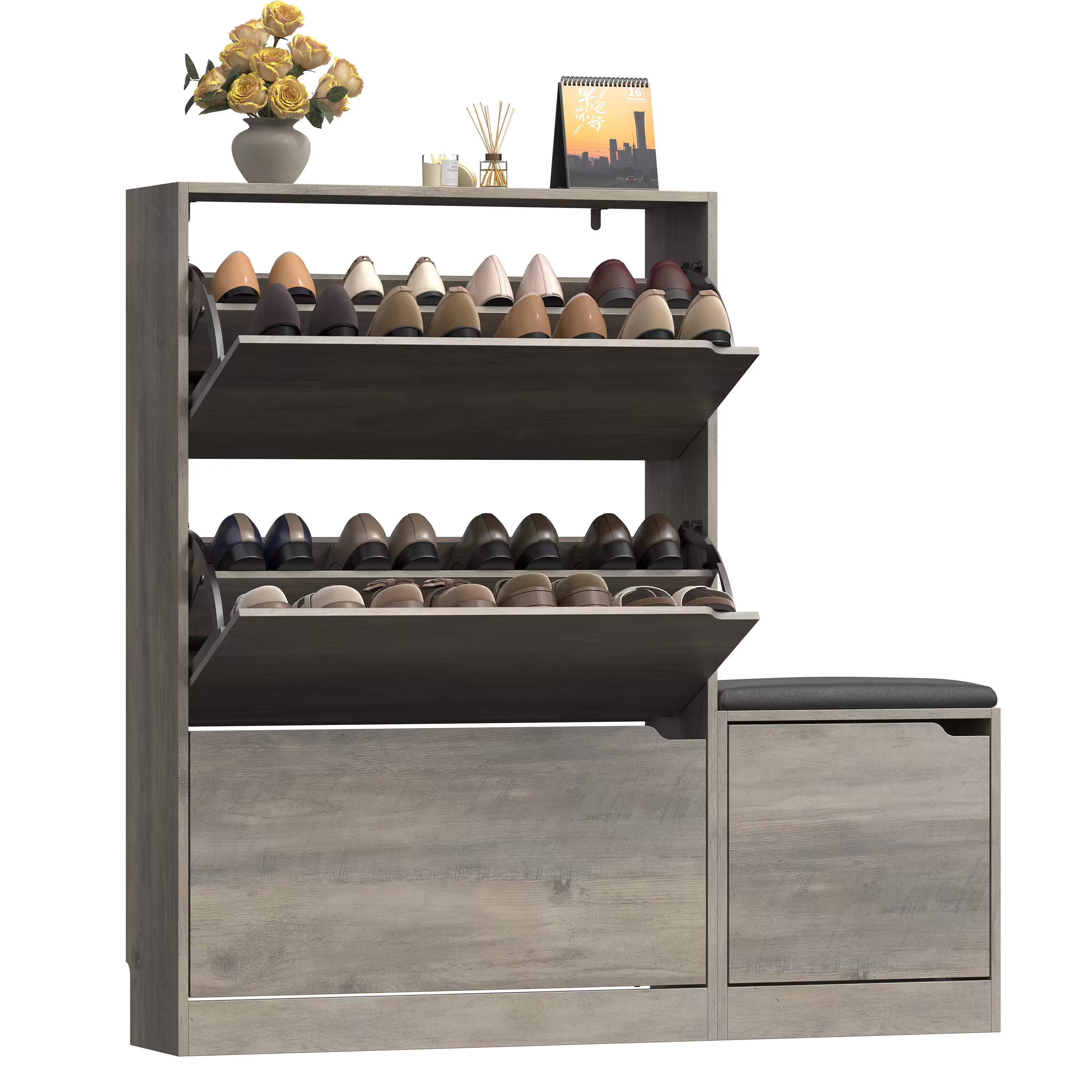 Anymaple Crestline Gray 3 drawer shoe cabinet with bench, shoe cabinet with bench styled in a modern entryway
