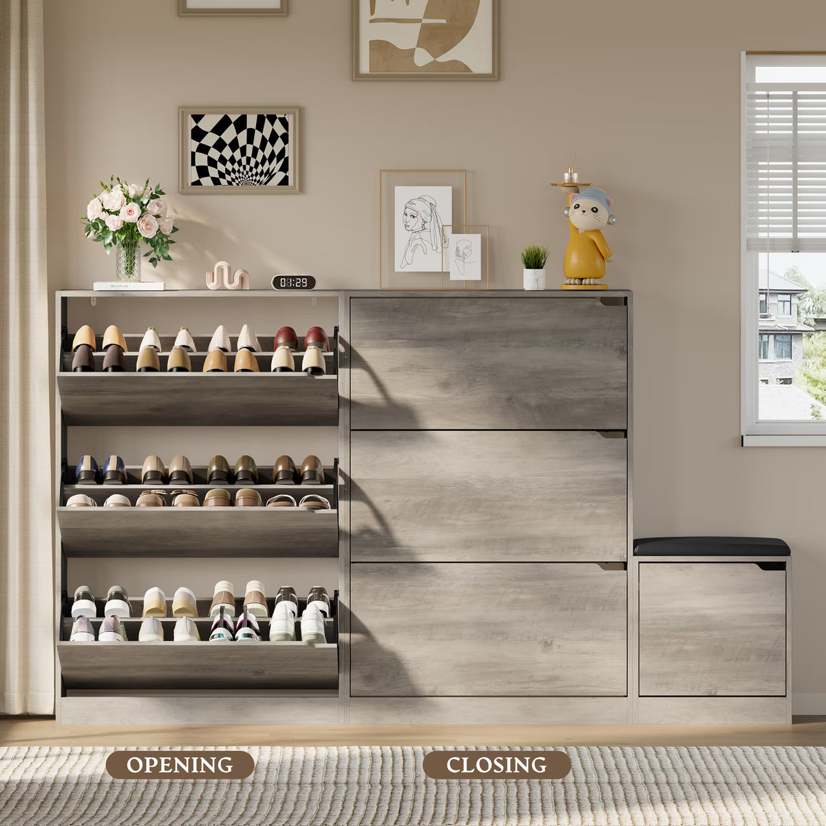 Anymaple Crestline Gray 3 drawer shoe cabinet with bench, space saving shoe cabinet bench for hallway or foyer