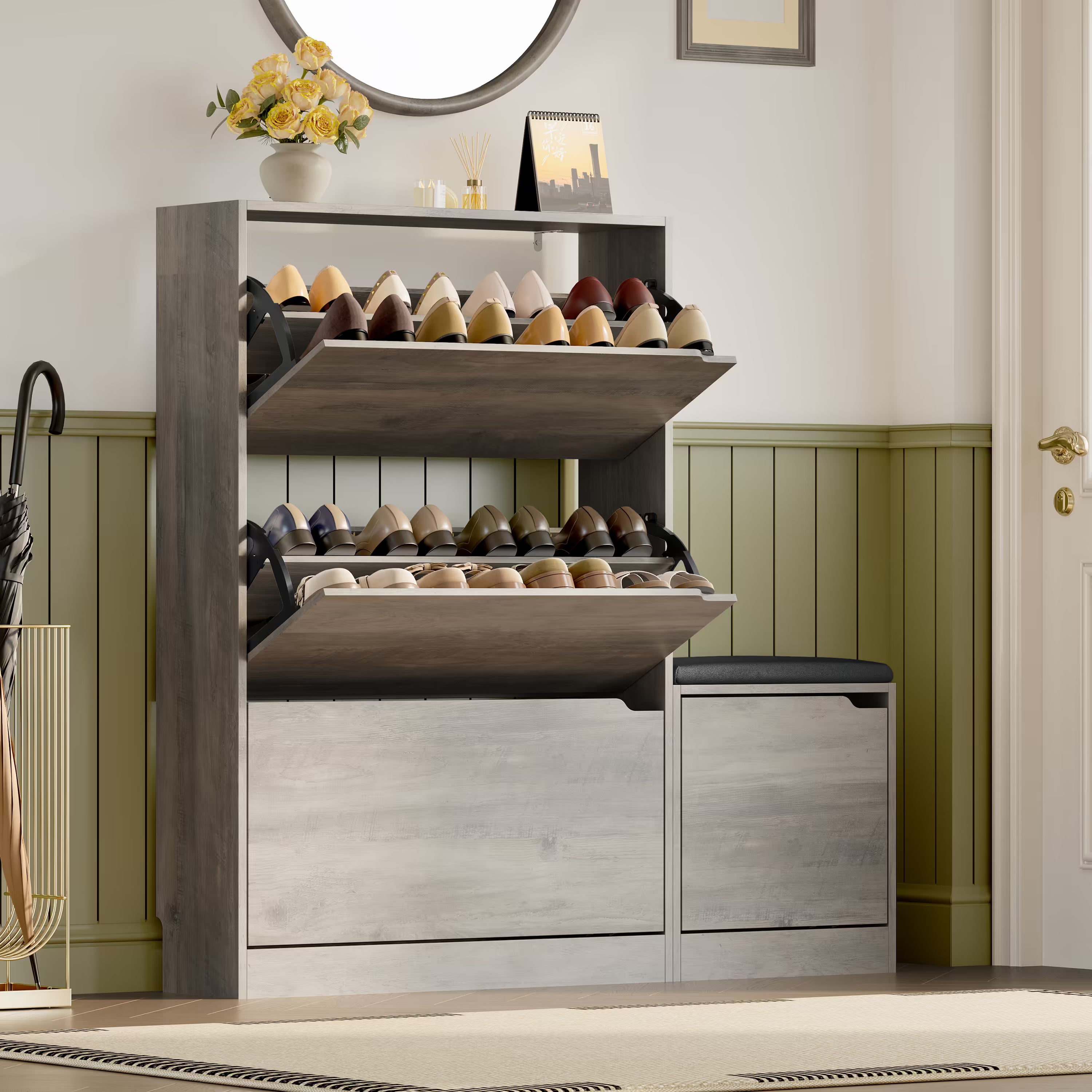 Anymaple Crestline Gray 3 drawer shoe cabinet with bench, side bench cabinet detail for extra entryway storage