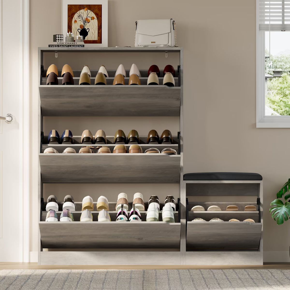 Anymaple Crestline Gray 3 drawer shoe cabinet with bench, stable shoe storage bench for everyday family entryway use