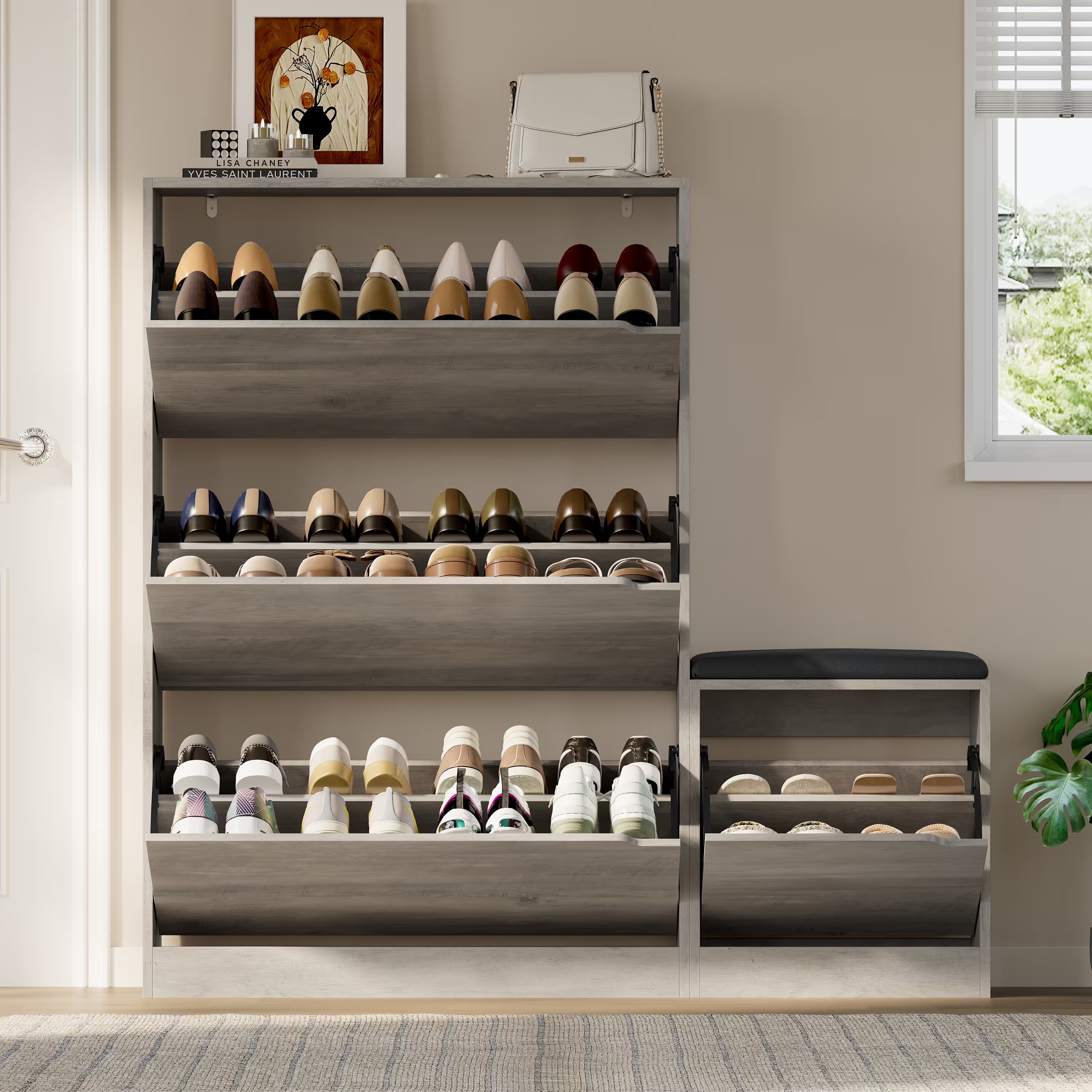 Anymaple Crestline Gray 3 drawer shoe cabinet with bench, stable shoe storage bench for everyday family entryway use