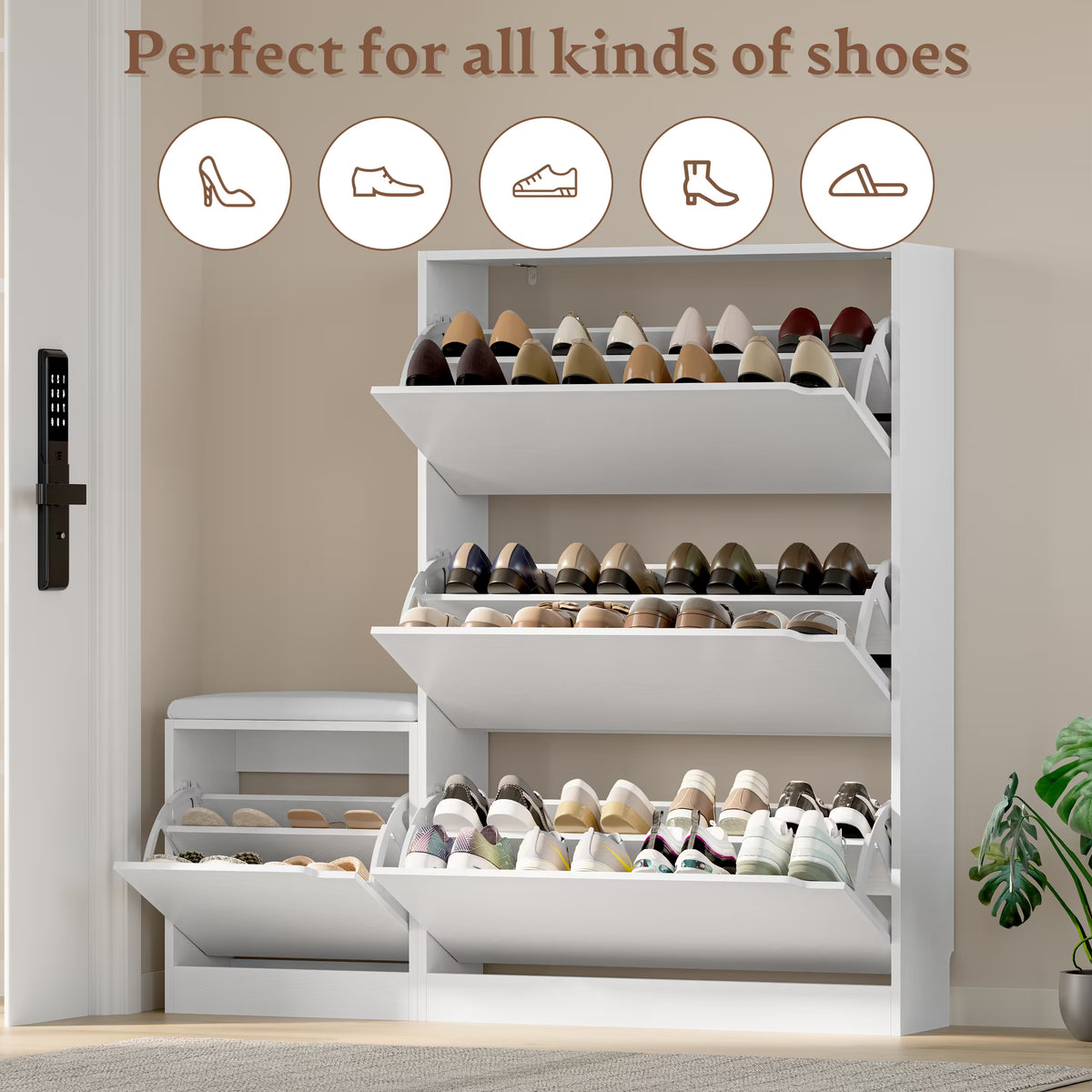 Anymaple Crestline White 3 drawer shoe cabinet with bench, adjustable shoe panels for flexible entryway organization