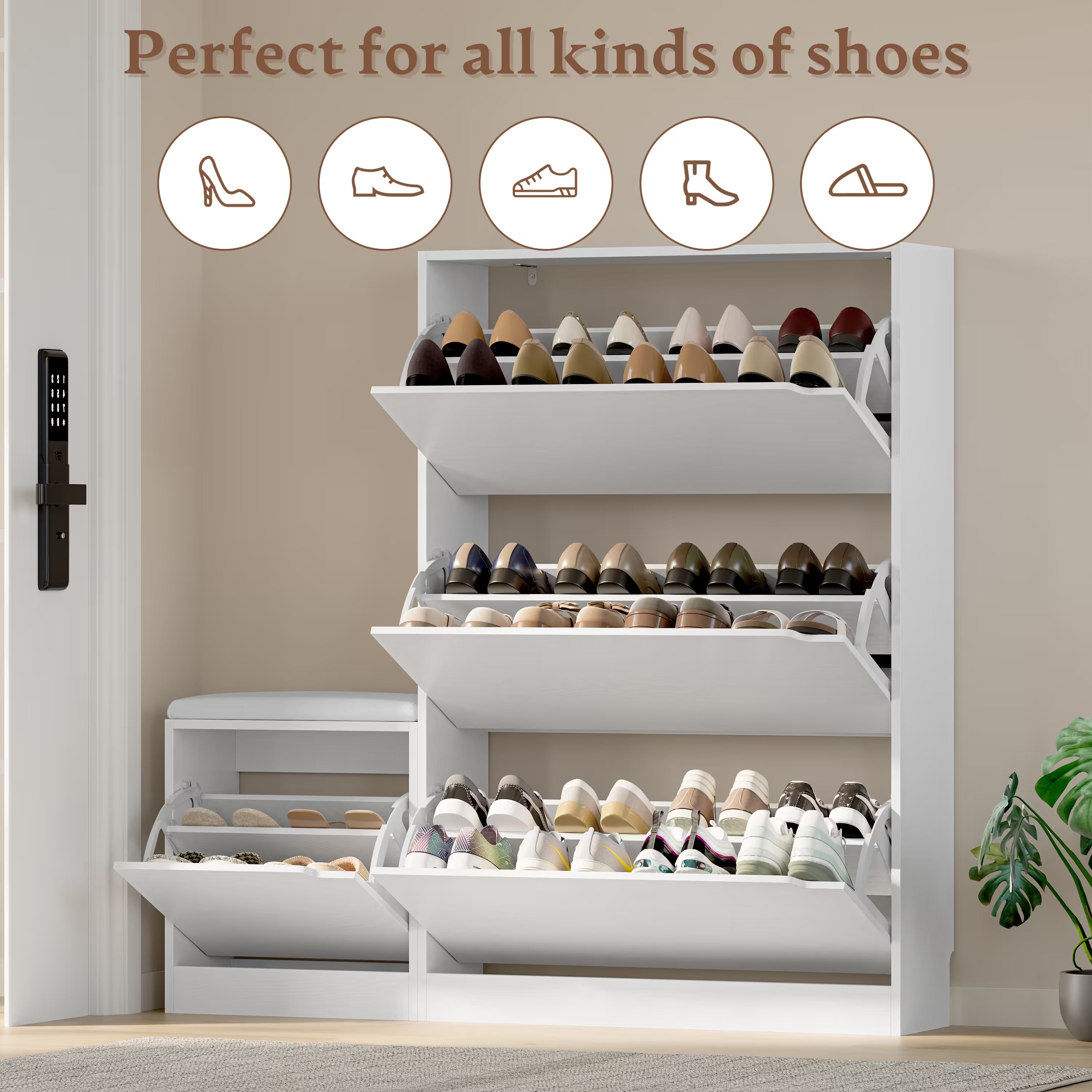 Anymaple Crestline White 3 drawer shoe cabinet with bench, adjustable shoe panels for flexible entryway organization