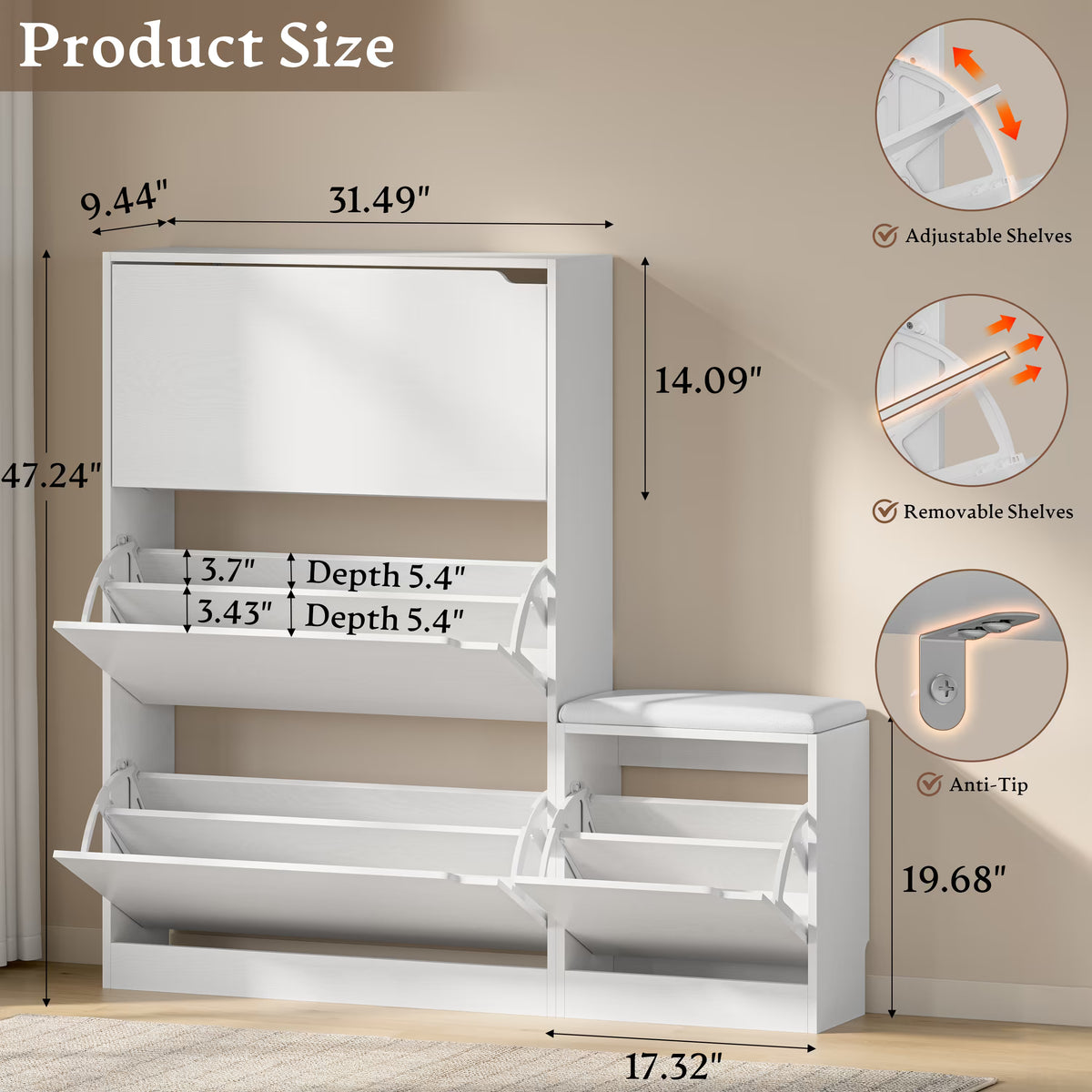 Anymaple Crestline White 3 drawer shoe cabinet with bench, padded bench seat with shoe storage for changing shoes
