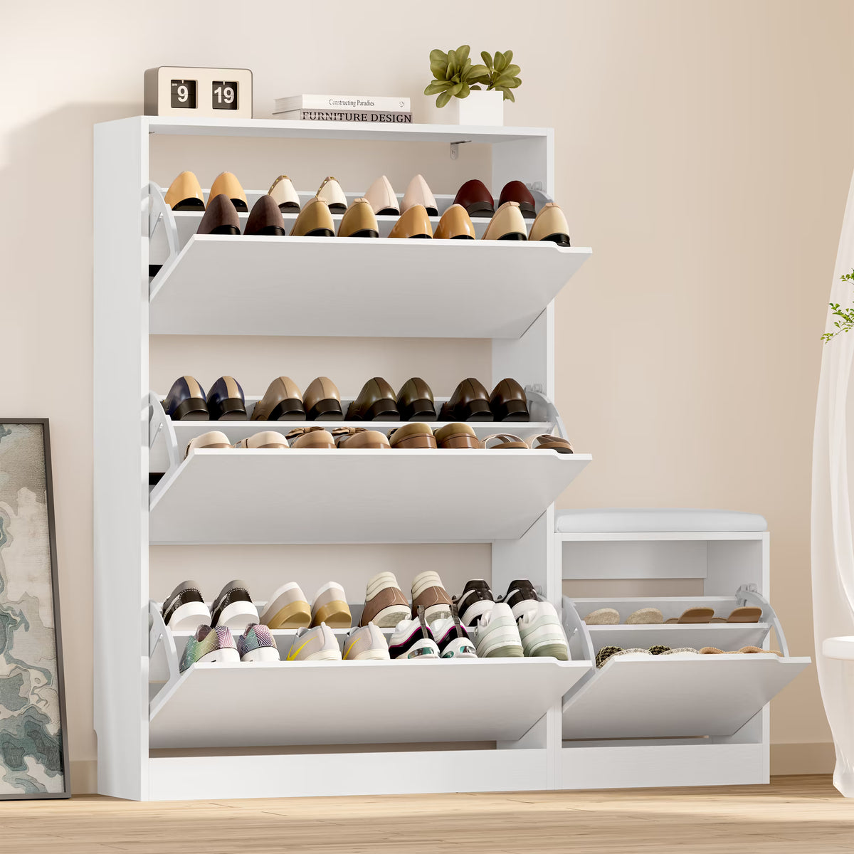 Anymaple Crestline White 3 drawer shoe cabinet with bench, 3 drawer shoe cabinet with bench for entryway shoe storage