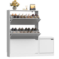 Anymaple Crestline White 3 drawer shoe cabinet with bench, shoe cabinet with bench styled in a modern entryway