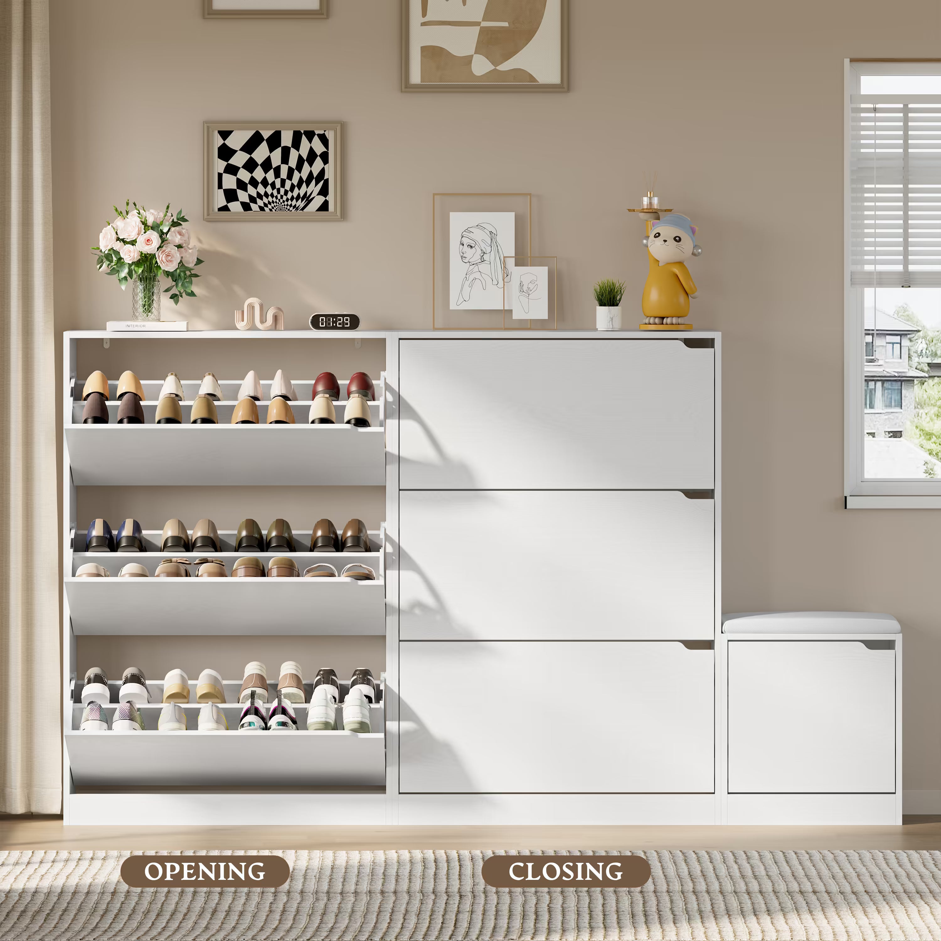 Anymaple Crestline White 3 drawer shoe cabinet with bench, space saving shoe cabinet bench for hallway or foyer