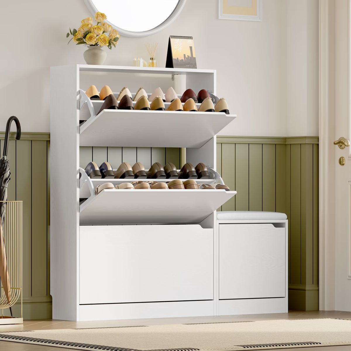 Anymaple Crestline White 3 drawer shoe cabinet with bench, side bench cabinet detail for extra entryway storage