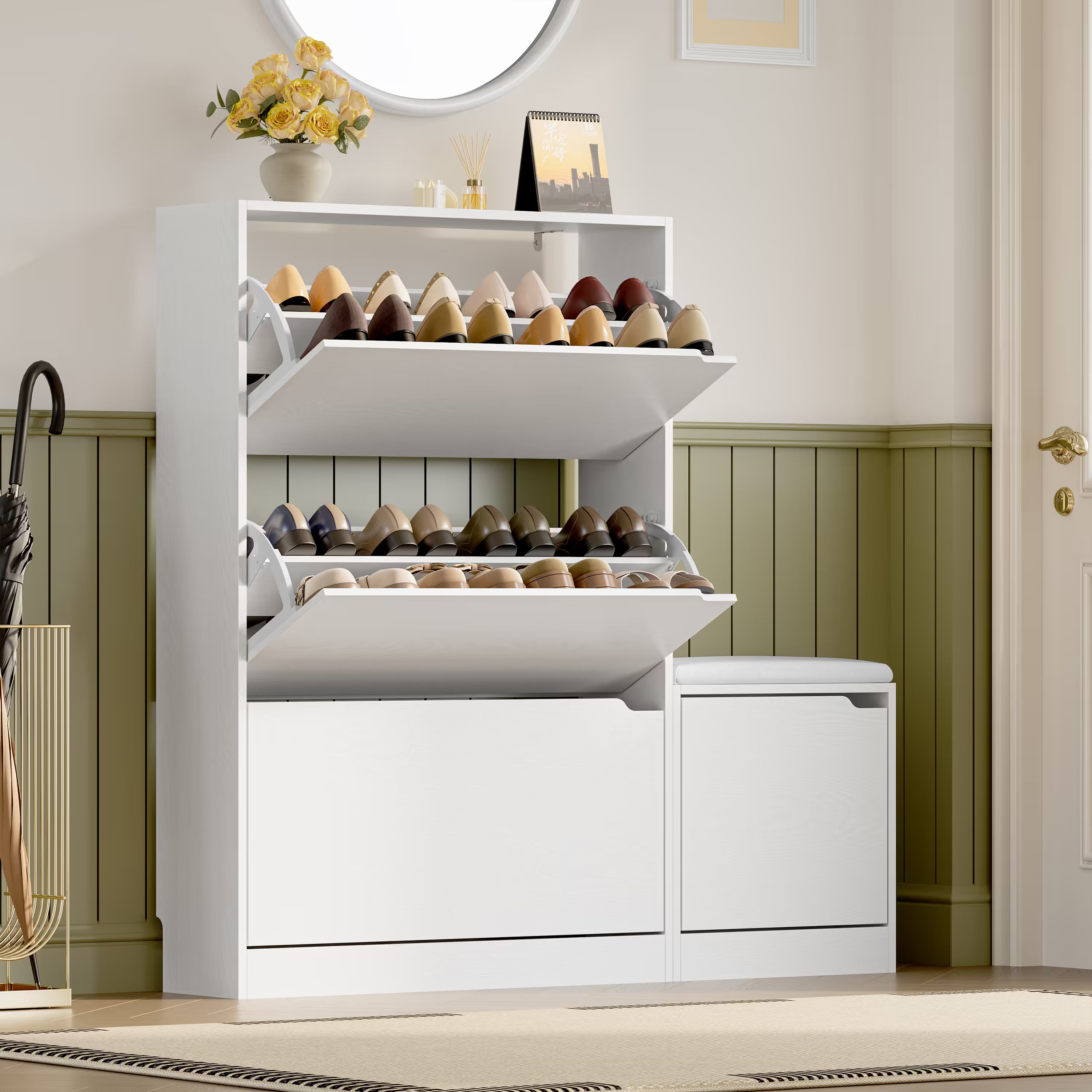 Anymaple Crestline White 3 drawer shoe cabinet with bench, side bench cabinet detail for extra entryway storage