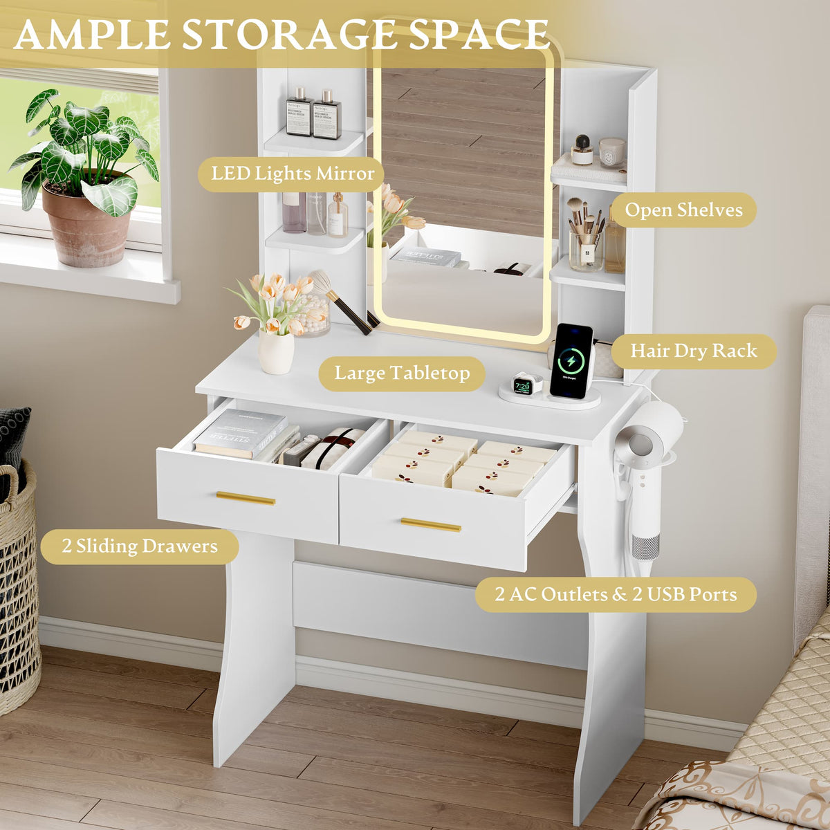HLG233 Vanity Desk With HD Lighted Mirror and Lights