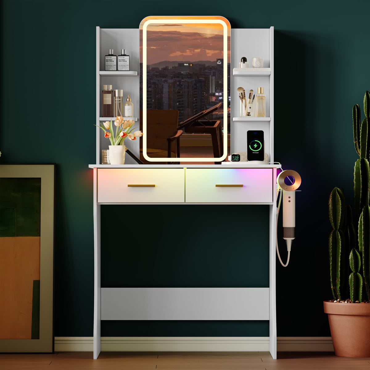 HLG233 Vanity Desk With HD Lighted Mirror and Lights